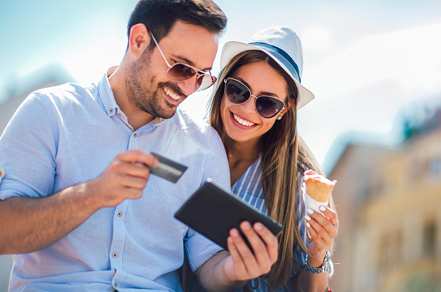 Man and woman online banking